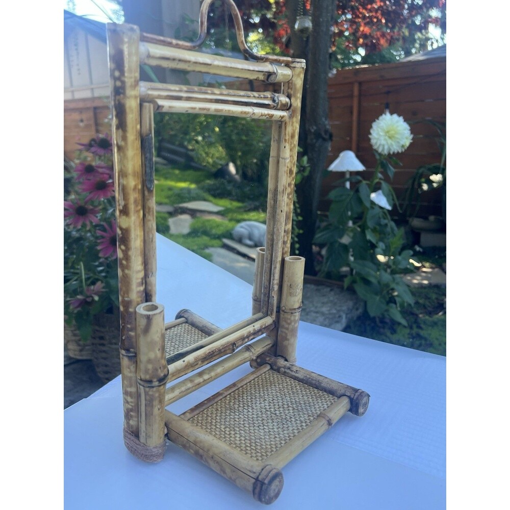 Vintage Burnt Bamboo Rattan Wall  Flip Down Shelf Mirror Wicker Wall Mirror